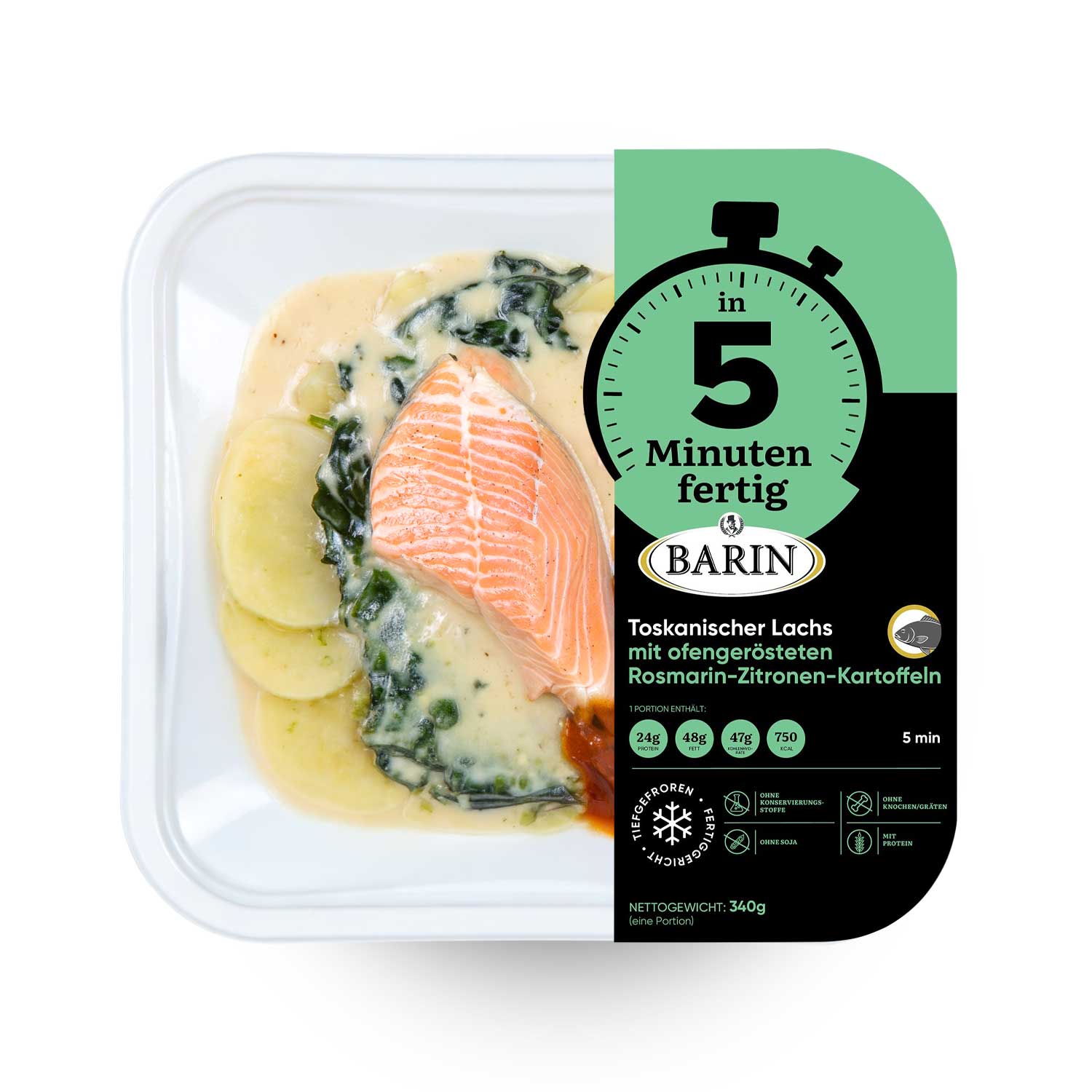 BARIN 5 Minuten Toskanischer Lachs mit ofengerösteten Rosmarin-Zitronen-Kartoffeln, 340 g