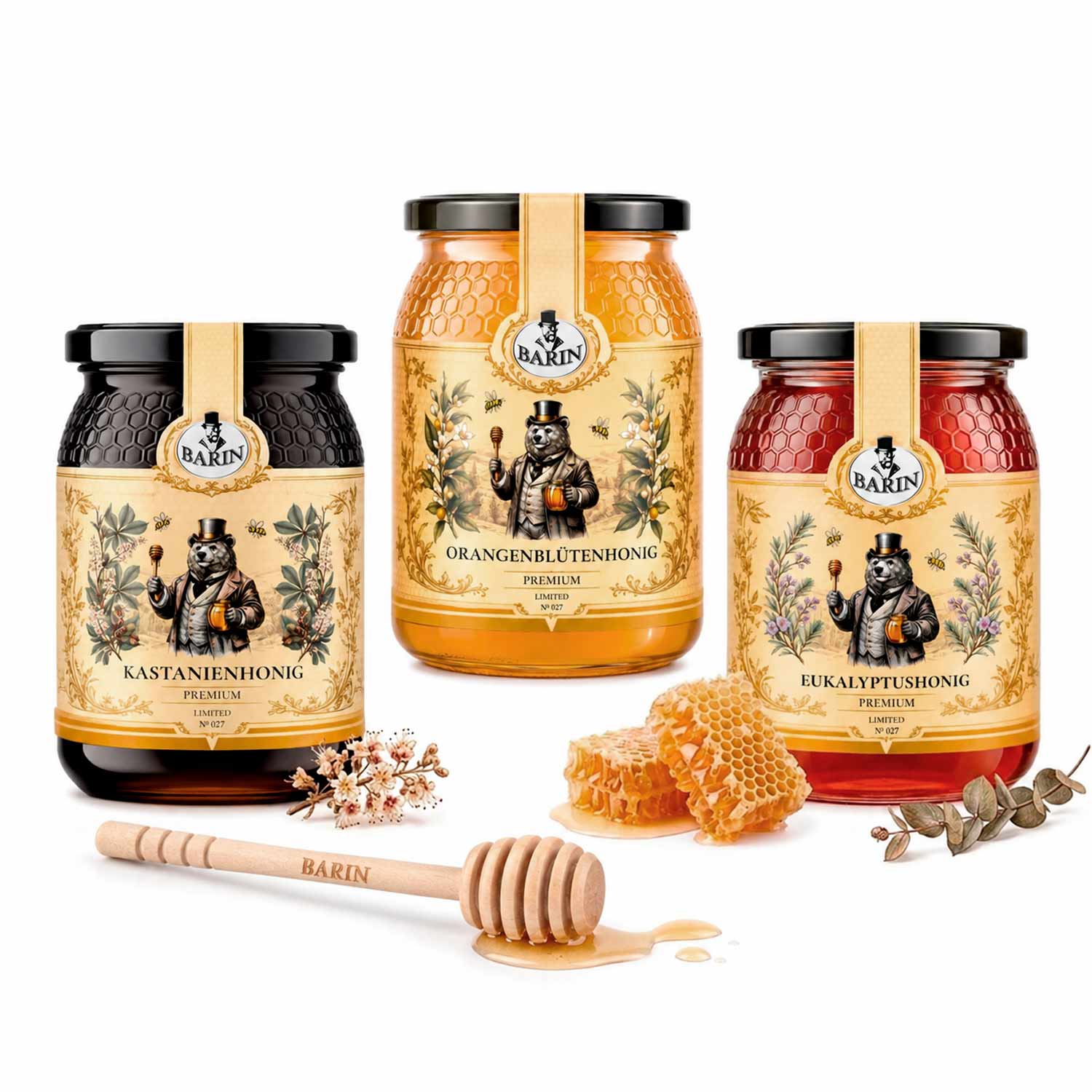 BARIN Honigset „IMMUNE BOOST“ – Orange, Eukalyptus & Kastanie (3 x 500 g)