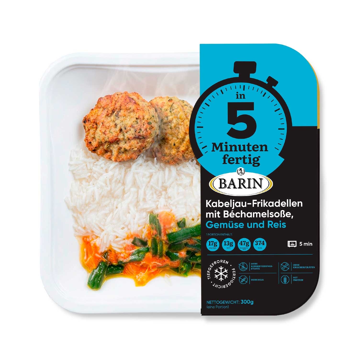 BARIN in 5 Minuten fertig Kabeljau-Frikadellen mit Béchamelsoße, Gemüse und Reis, 300 g