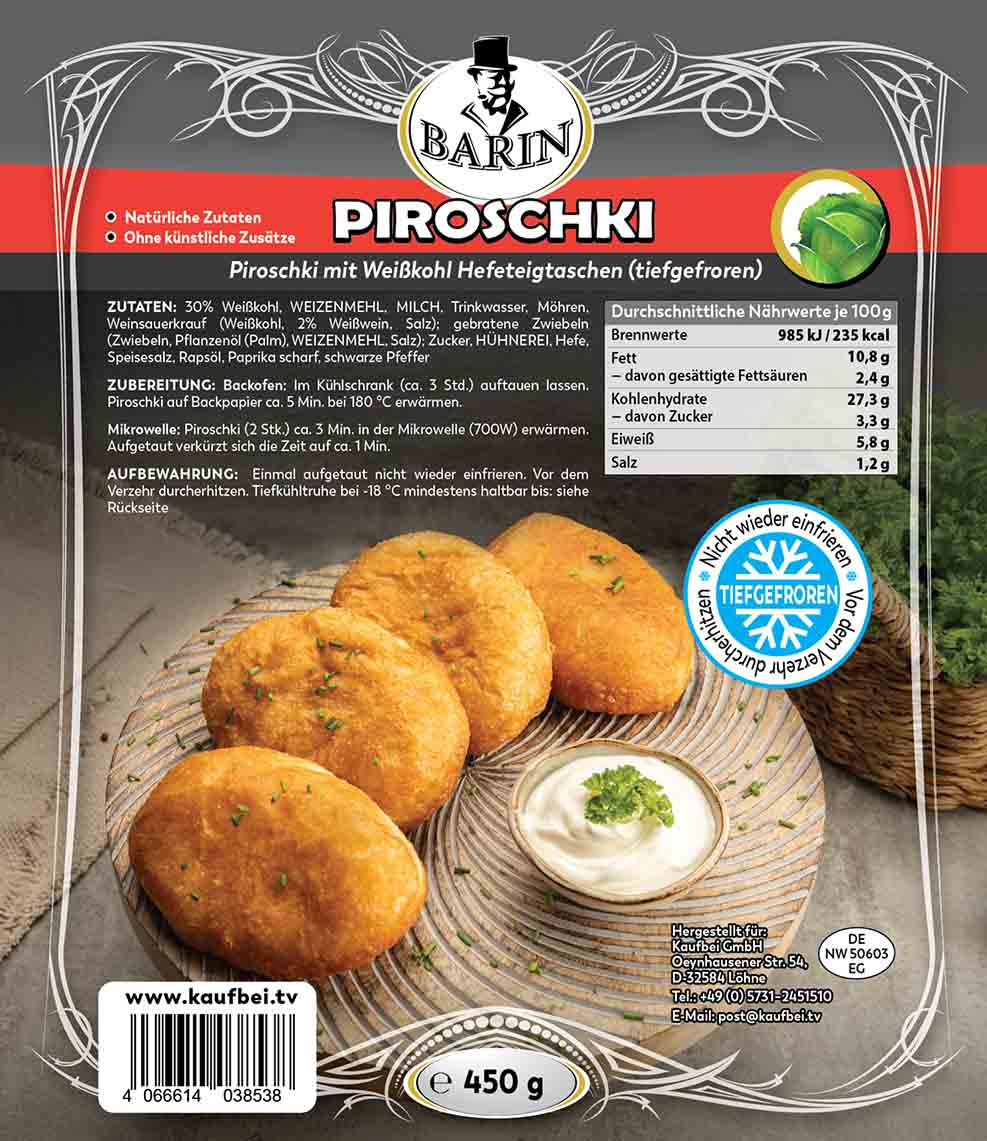 BARIN Piroschki – Hefeteigtaschen mit Weißkohl, 450 g TK (Packungsinhalt 4 Stück)