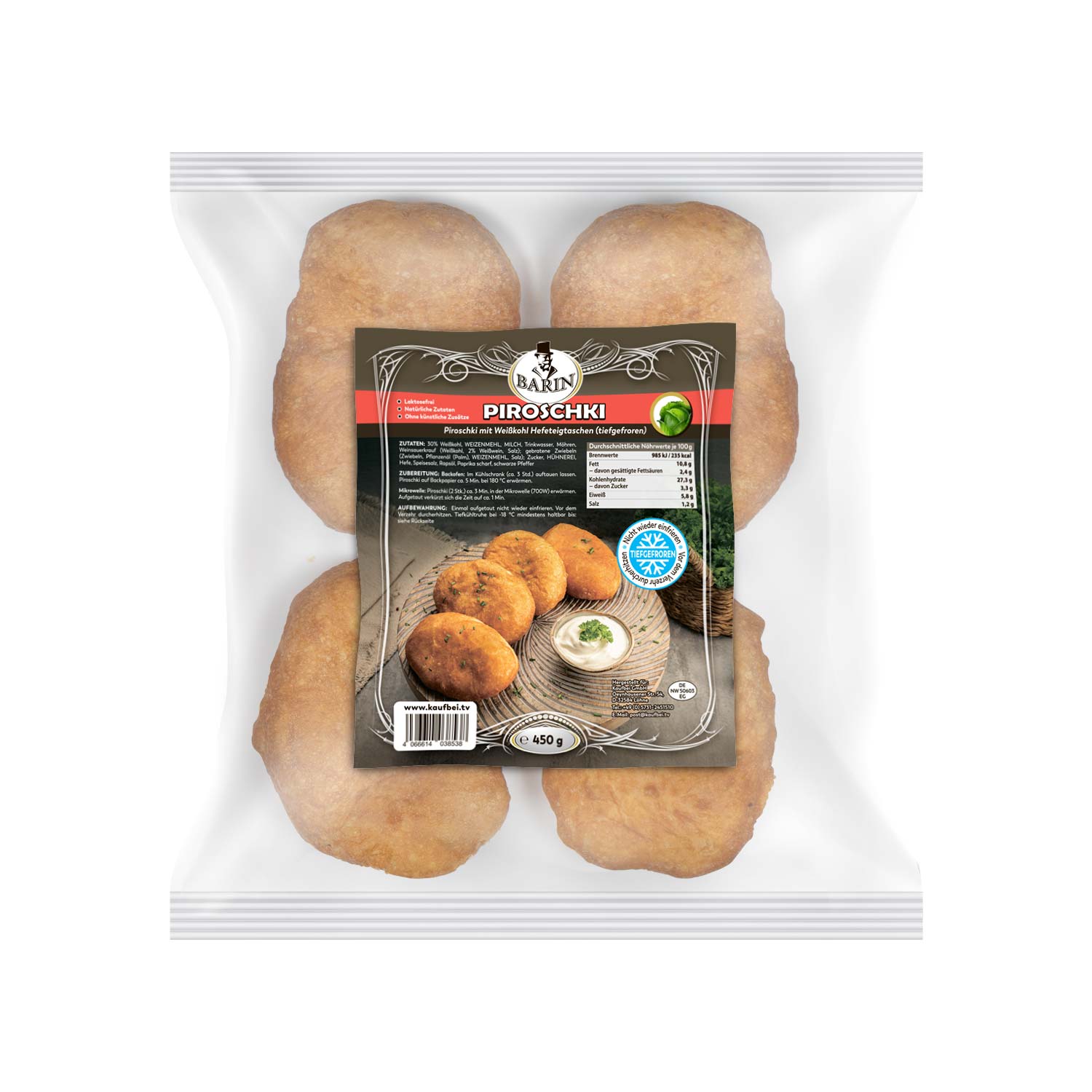 BARIN Piroschki – Hefeteigtaschen mit Weißkohl, 450 g TK (Packungsinhalt 4 Stück)